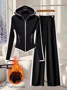 GlowEve 女士秋冬拉链连帽卫衣和阔腿裤休闲羊毛两件套 - 黑色 - 查看 3