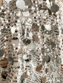 Soleia 女式纯色亮片性感深V领挂脖迷你连衣裙 - 銀色 - 查看 4