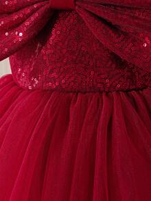 Glamorique Kids Baby Girls' Red Sequin Mesh Bow Decor High-End Satin Dress,Elegant Burgundy Summer Party Princess Dress For Christmas - Red - View 5