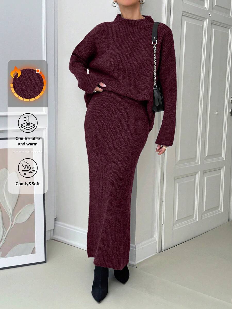 EURMUSE Conjunto feminino de suéter e saia elegante, conjunto coordenado de suéter e saia longa - Borgonha - Ver 1
