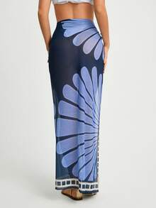 CAJUNI 女士性感海滩度假风格花卉印花侧系带开衩罩衫和裙子套装 - 藍色 - 查看 7