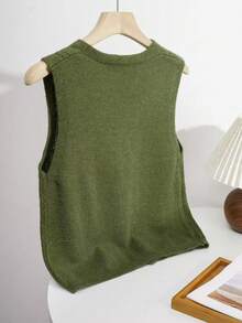 Sweetra Chaleco de punto retro lindo con cuello en V bordado, tirantes con lazo y color caqui, para otoño/invierno