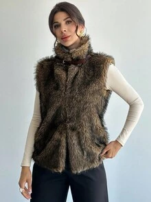 Firerie 女式优雅秋冬新款人造毛皮无袖纽扣夹克 - 摩卡棕 - 查看 7