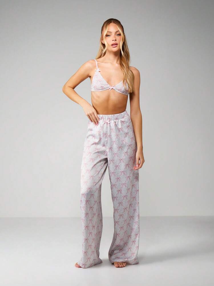 MISSGUIDED Bow Print Bralette And Wide Leg Trouser Lounge Set For Women Sleepwear Pajama Comfort Wear