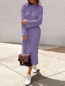 EURMUSE Women's Knitwear Long Dress With Cable Pattern,Petite - Violet Purple - View 4