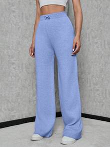 SHEIN Tall Damen einfarbige minimalistische Strickhose mit Kordelzug in der Taille, für den Alltag, burgunderrote Hose, für große Frauen - Babyblau - Übersicht 5