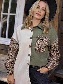 SHEIN LUNE Plus Size Women Leopard Print Color Block Jacket - Green - View 3