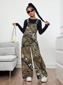 Peto vaquero de pierna ancha con bolsillo de camuflaje para niña preadolescente - Verde militar - Ver 4