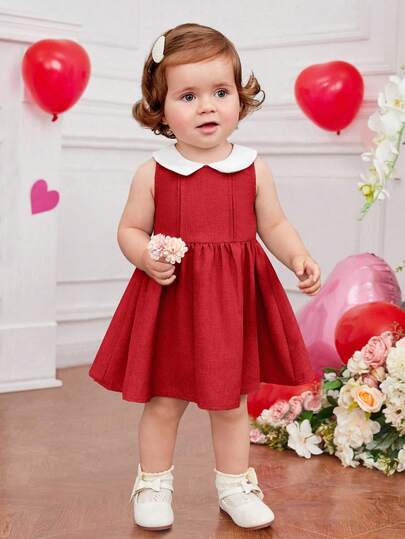 TaviRue 女婴休闲风格彼得潘领拼色腰部抽绳褶皱连衣裙