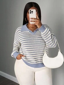 SHEIN PETITE CURVE Pull-over à col polo rayé à manches longues, grande taille, style décontracté - Bleu gris - Voir 4
