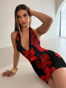 Aloruh 女式红色花卉印花迷你连衣裙 - 白色 - 查看 6