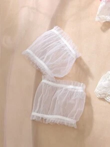 4pcs Pink Satin Lace Patchwork Ruffle Bow Mesh Sheer Camisole + G-String + Arm Sleeves + Leg Garter Sexy Lingerie Set, Sweet & Cute - Multicolor - View 6