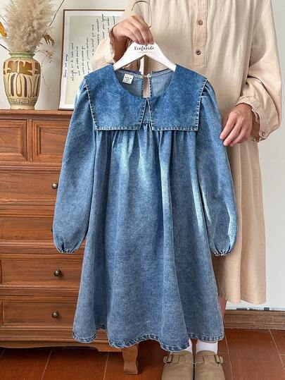 Vintaside Kids Girls' Spring And Autumn Fashion Western Style Big Collar Washed Denim Dress, Suitable For Shopping, Parties, Home Leisure, Outdoor Activities Or Vacation, Providing Comfortable And Stylish Appearance, Suitable For Summer Wear