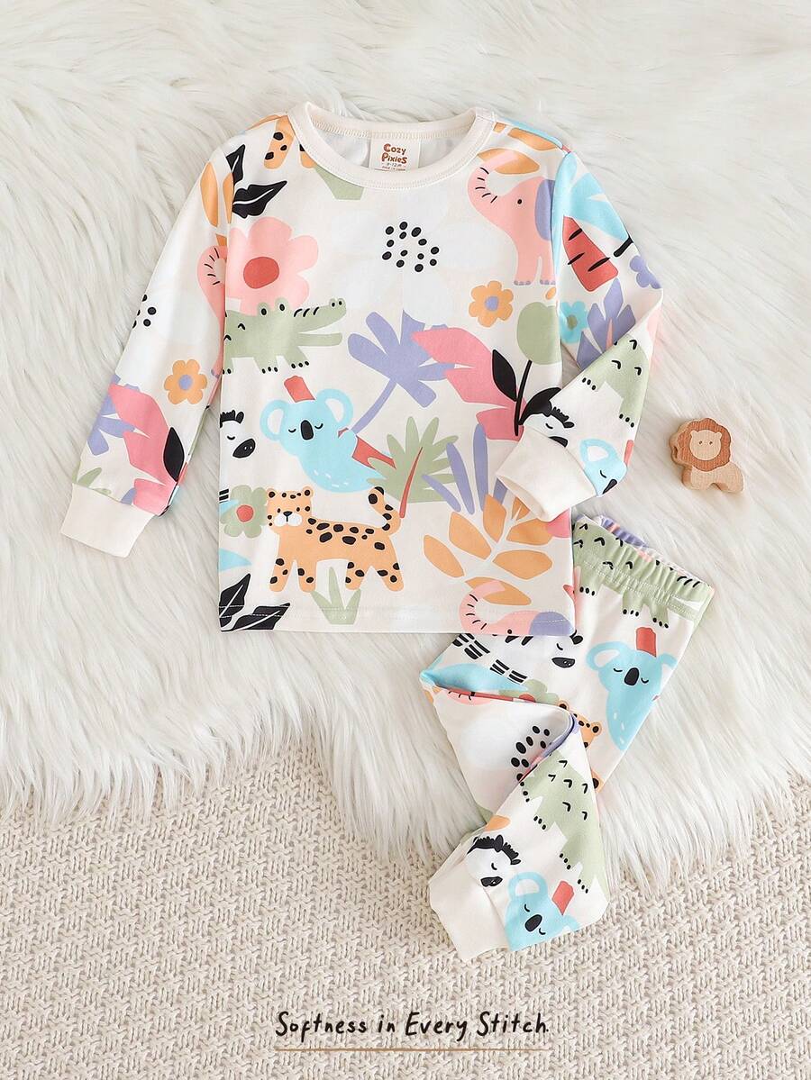 Cozy Pixies Baby Girl Cartoon Pattern Knit Soft Crew Neck Long Sleeve Top And Elastic Waist Long Pants Snug Fit 2-Piece Pajama Set Wildflower Baby Clothes Baby Girl Long Sleeve Set Two Piece Toddler Set Floral Print Baby - Baby Pink - View 1