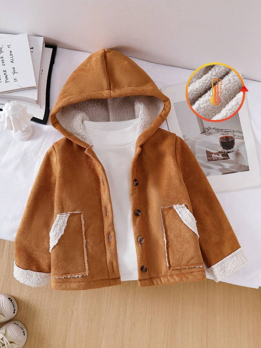 Genkimix Kids 女童毛绒泰迪熊内衬加厚夹克,咖啡色,冬季 - 巧克力棕 - 查看 1