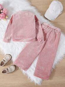 SHEIN Explorewe 2件套粉色女童韩版毛绒面料柔软长袖外套和配套粉色裤子，前拉链设计方便穿着，落肩款式，优质亲肤面料，适合春季、秋季、冬季、圣诞节、万圣节 - 粉色 - 查看 2