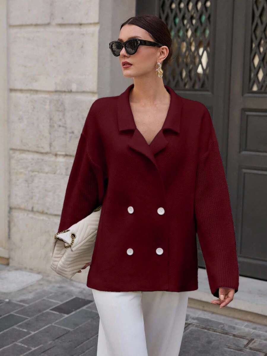 SHEIN Cottnline Women's Casual Everyday Commute Simple Solid Color Lapel Collar Drop Shoulder Loose Double-Breasted Cardigan, Autumn/Winter - Burgundy - View 1