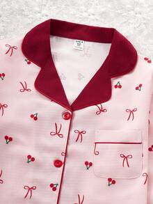 2pcs/Set Sweet Cherry & Bow Print Long Sleeve Cardigan And Pants, Casual And Comfortable Girls Loungewear - Multicolor - View 5