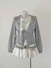 Sunspun Plus Size Zip-Up Hooded Sweatshirt With Waist Drawstring, Spring/Autumn - Grey - View 4