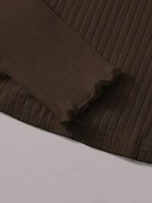 SHEIN EZwear Kaos Kasual Lengan Panjang Kerah Tegak Rajut Bergaris Cokelat Kopi untuk Wanita Ukuran Besar Musim Gugur - Coffee Brown - View 5