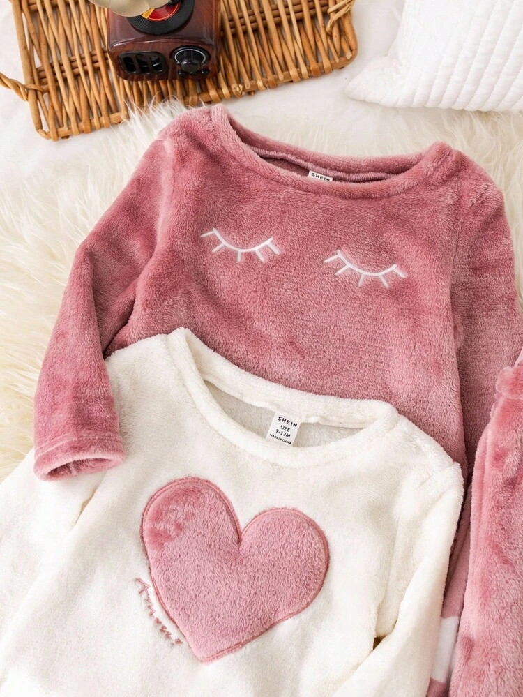 4 Peças Conjunto de Menina Bebê para o Dia dos Namorados com Estampa Fofa de Coração e Nuvem, Top de Manga Longa Gola Redonda e Calça de Pijama Forrada com Tecido Térmico Macio - Rosa chiclete - Visão 5