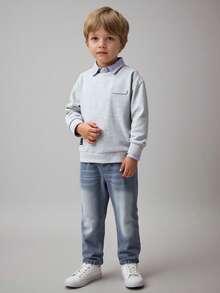 SHEIN Genkimix Kids 2 件套年轻男孩时尚套装：灰色针织圆领长袖运动衫和仿口袋牛仔长裤休闲装，适合休闲装、上学、旅行、度假、放松、日光浴、夏季