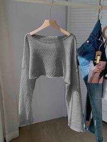 Comfortcana Áo cánh tay dài rộng thùng thình màu xám trễ vai cho nữ cỡ lớn - Xám - Xem 4