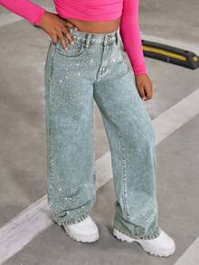 SHEIN Explorewe Spodnie jeansowe z szerokimi nogawkami dla nastolatek z kolekcji Y2K, z błyszczącymi kryształkami, idealne na codzienne spacery po mieście - Jasny jeans - Zobacz 3