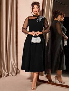 SHEIN Elenzya Đầm dự tiệc tay dài lưới thanh lịch cỡ lớn dành cho nữ - màu đen - Xem 6