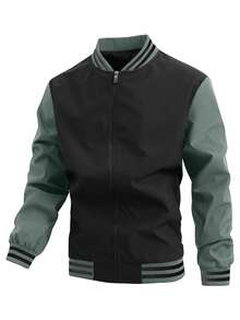Manfinity Homme Plus Size Men's Striped Contrast Color Zipper Collar Casual Baseball Jacket, Autumn, Outdoor Windbreaker - Black - View 1