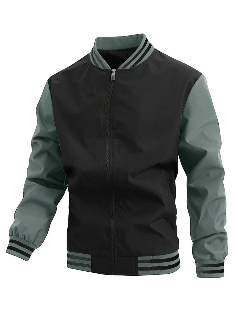 Manfinity Homme Plus Size Men's Striped Contrast Color Zipper Collar Casual Baseball Jacket, Autumn, Outdoor Windbreaker - Black - View 1
