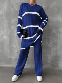 EURMUSE Women's Drop Shoulder Striped Sweater 2pcs/set - Blue - View 5