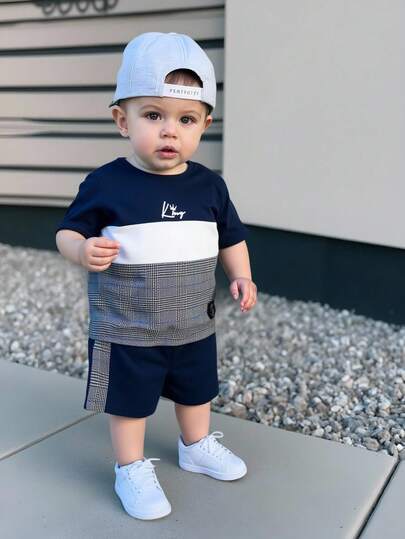 Bubblio 男婴休闲舒适色块格子拼布短袖上衣和短裤套装，适合圣诞节