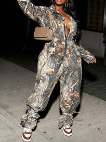 Slaydiva 2025 Autumn/Winter New Women's Casual Street Style Music Festival Easter Birthday Party Daily Wear Versatile Plus Size Graphic Print Resin Flower Decor Zipper Jumpsuit With Pockets, Long Sleeve, Waist Cinched, Plus Size - Multicolor - View 1