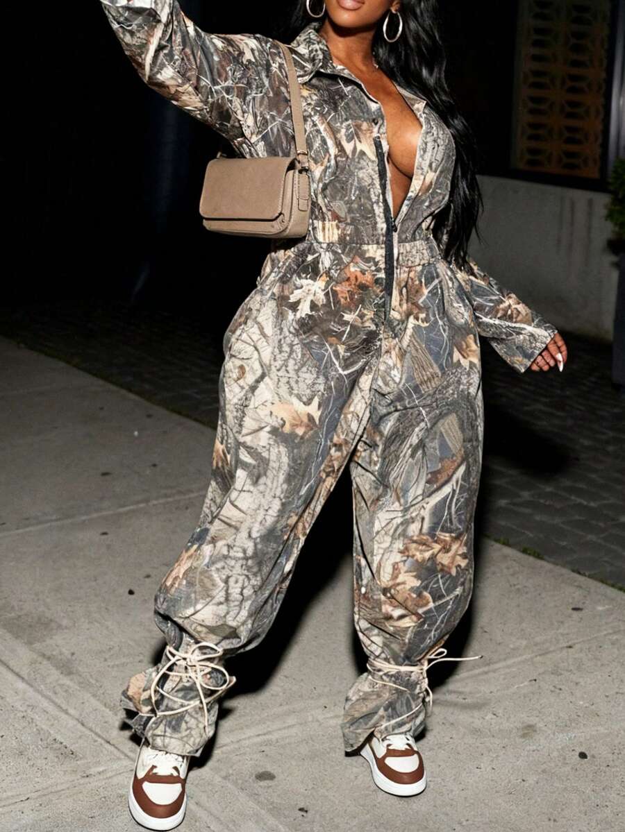 Slaydiva 2025 Autumn/Winter New Women's Casual Street Style Music Festival Easter Birthday Party Daily Wear Versatile Plus Size Graphic Print Resin Flower Decor Zipper Jumpsuit With Pockets, Long Sleeve, Waist Cinched, Plus Size - Multicolor - View 1