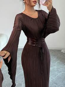 SHEIN PETITE Váy Maxi suông dài tay xòe xếp ly eo cho nữ, thích hợp đi tiệc/đi làm - Cà phê - Xem 3