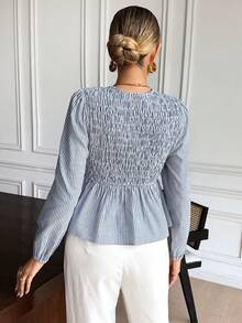 Serisse Women Casual Cotton Striped Knot Front Long Sleeve Casual Light Blue Blouse, Teacher Back To School,Fall Tops Winter Casual, Autumn/Winter, Thanksgiving, Casual Blouses For Women, School Shirt, Elegant Women's Blouses,Suitable For Everyday Outings And Commuting - Blue and White - View 3