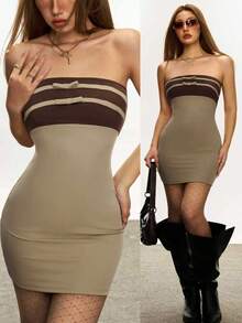 Rina Fox Casual Fashionable Women's Striped Bow Decor Fitted Camisole Dress - Khaki - View 1