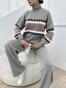 SHEIN Tall 女士几何图案高领毛衣 2 件/套 - 灰色 - 查看 3