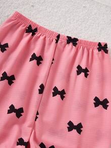 SHEIN 2pcs Girls Casual Bow Print Long Sleeve Cardigan And Pants Set, Comfortable Home Outfit - Watermelon Pink - View 6