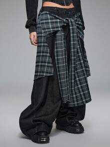 ROMWE Grunge Punk Baggy Black & Grey Plaid Patchwork Asymmetrical 2 In 1 Design Super Loose Women Super Low Waist Jeans