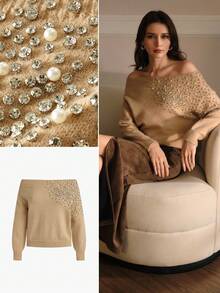 MOTF PREMIUM WOMEN'S AUTUMN NEW ROUND NECK LONG SLEEVE LOOSE FAUX PEARL RHINESTONE EMBELLISHED ELEGANT SWEATER