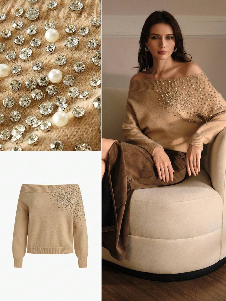 WOMEN'S AUTUMN NEW ROUND NECK LONG SLEEVE LOOSE FAUX PEARL RHINESTONE EMBELLISHED ELEGANT SWEATER