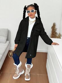 SHEIN Tween Girl Thermal Lined Lapel Pocket Button Front Mid-Length Coat, Autumn/Winter Girls Sherpa Coat Black Black Jacket Teen Girl Black Tween Girl Jacket Fall Coat For Tween Girls Long Cardigan For Girls