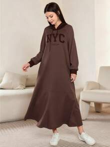 Modelyn 纽约字母印花时尚女式插肩袖连帽长裙，春秋季 - 彩色 - 查看 3