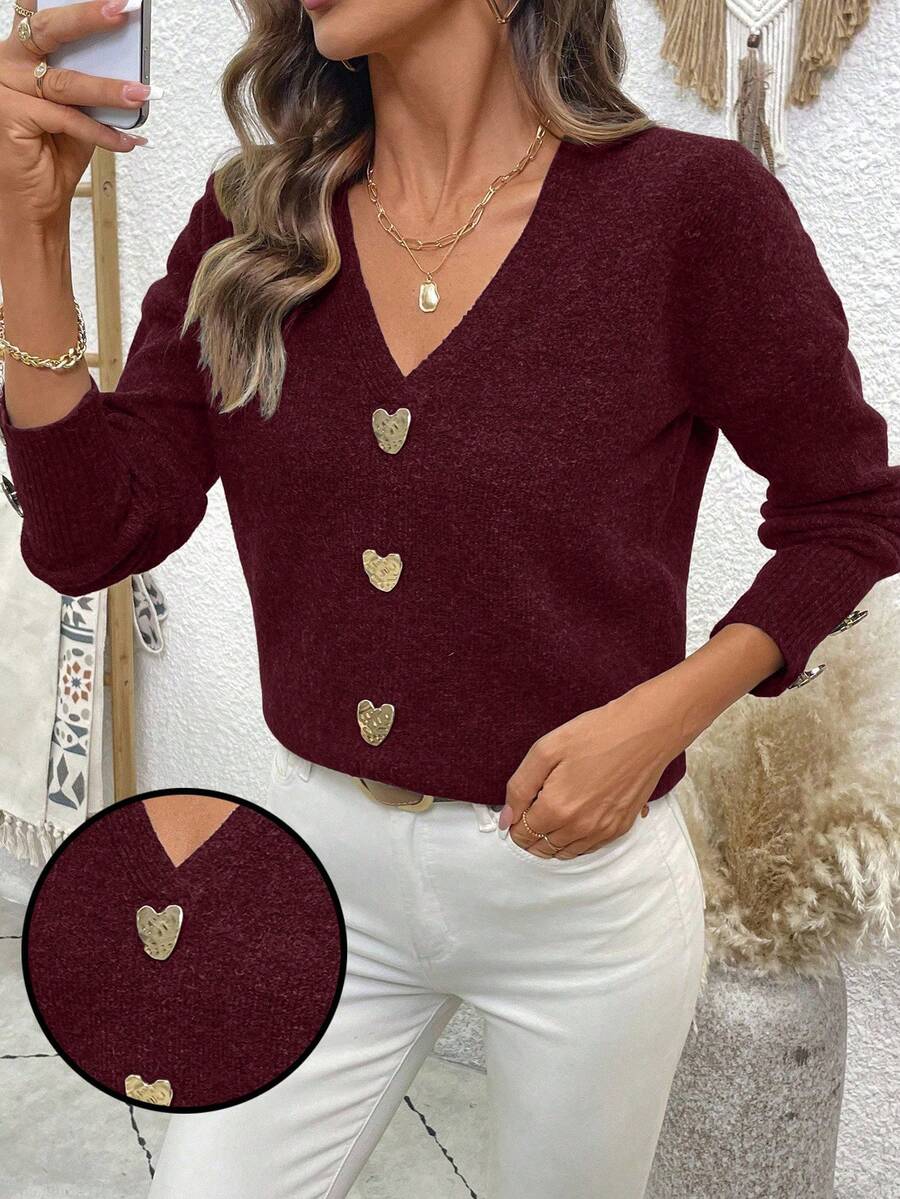 EMERY ROSE Women's Casual Versatile Metal Decor Sweater, Autumn/Winter - Burgundy - View 1