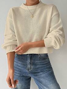 SHEIN LUNE Áo len nữ cổ tròn tay dài màu trắng đơn giản, thoải mái - Màu be - Xem 7