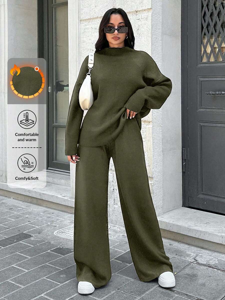 SHEIN Tall 2 pezzi Set coordinato donna casual composto da top a maniche lunghe e pantaloni, tinta unita - Verde militare - Visualizzare 1