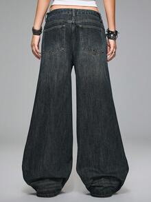 ROMWE Grunge Punk Jeans vintage lavados de talle bajo y súper holgados con agujeros con ojales a los lados, estilo Y2K - Azul lavado oscuro - Ver 2