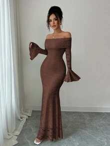 Selianne 优雅时尚年轻简约百搭修身露肩喇叭袖美人鱼中长连衣裙，适合秋季女士 - 棕色 - 查看 5